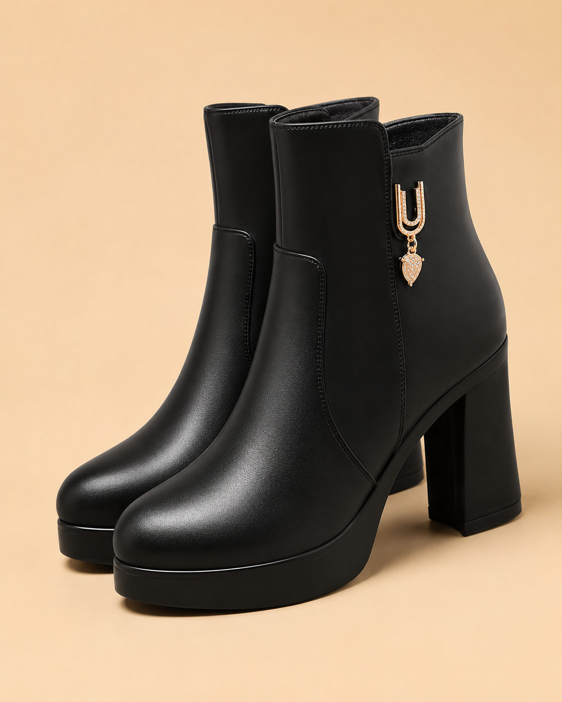 Black Gold-Charm Platform Ankle Boots