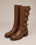Brown Buckle Mid-Calf Boots